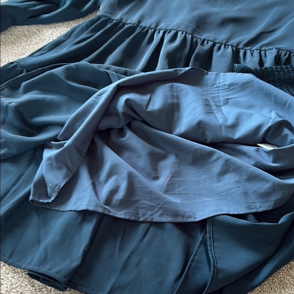 Blue Teal Mini Dress with V-Neck and Bishop Sleeves - Picture 6 of 9